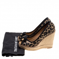 Pre Owned Tory Burch Beige/Black Animal Print Raffia and Fabric Jackie Wedges Pumps Size 37