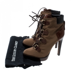 Pre Owned حذاء بوت كعب توري برش أربطة جلد ونايلون كاكي مقاس 38