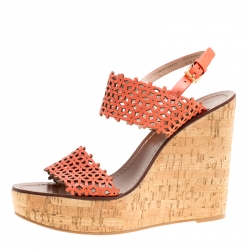 مملوكة مسبقًا Tory Burch Coral Red Perforated Leather Daisy Cork Wedge Sandals Size 39.5