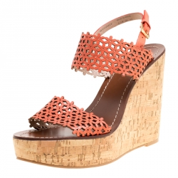 Tory Burch Coral Red Perforated Leather Daisy Cork Wedge Sandals Size  Tory  Burch | TLC