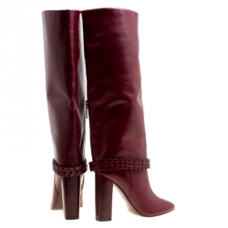 Pre Owned حذاء بوت ركبة توري برش تفاصيل مضفرة سارافا جلد عنابية مقاس 37