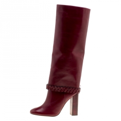 Pre Owned حذاء بوت ركبة توري برش تفاصيل مضفرة سارافا جلد عنابية مقاس 37