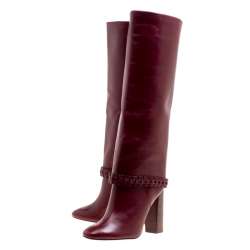 Pre Owned حذاء بوت ركبة توري برش تفاصيل مضفرة سارافا جلد عنابية مقاس 37