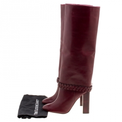 Pre Owned حذاء بوت ركبة توري برش تفاصيل مضفرة سارافا جلد عنابية مقاس 37