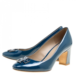 Pre Owned حذاء كعب عالي توري برش مقدمة مستديرة راليغ جلد لامع أزرق مخضر مقاس 38