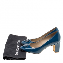 Pre Owned حذاء كعب عالي توري برش مقدمة مستديرة راليغ جلد لامع أزرق مخضر مقاس 38