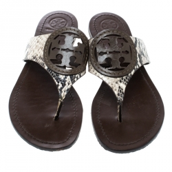 Pre Owned Tory Burch Beige/Brown Python Embossed Leather Logo Sandals Size 39