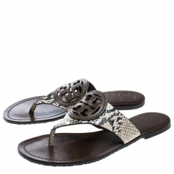 Pre Owned Tory Burch Beige/Brown Python Embossed Leather Logo Sandals Size 39