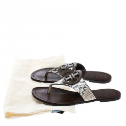 Pre Owned Tory Burch Beige/Brown Python Embossed Leather Logo Sandals Size 39