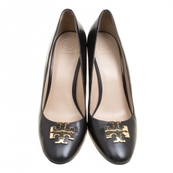 Pre Owned Tory Burch Black Leather Raleigh Round Toe Wedge Pumps Size 41
