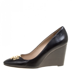 Pre Owned Tory Burch Black Leather Raleigh Round Toe Wedge Pumps Size 41