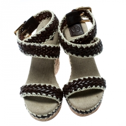 Pre Owned صندل توري برش نعل روكي إسبادريل سيور كاحل بالوما جلد خضبي لونين مقاس 36.5