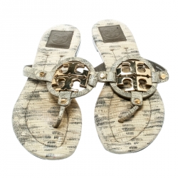 Pre Owned Tory Burch Beige Lizard Leather Miller Flat Thong Sandals Size 39.5