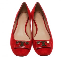 Pre Owned Tory Burch Red Suede Gigi Block Heel Pumps Size 39