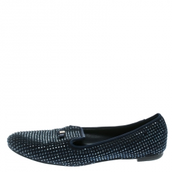 Pre Owned Tory Burch Blue Crystal Embellished Suede Chandra Smoking Loafer Flats Size 36