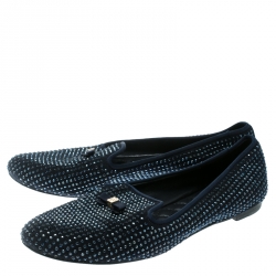 Pre Owned Tory Burch Blue Crystal Embellished Suede Chandra Smoking Loafer Flats Size 36