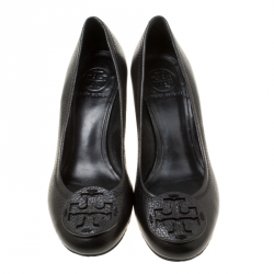 Pre Owned Tory Burch Black Leather Sally Wedge Pumps Size 38.5