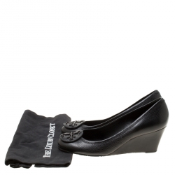 Pre Owned Tory Burch Black Leather Sally Wedge Pumps Size 38.5