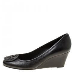 Pre Owned Tory Burch Black Leather Sally Wedge Pumps Size 38.5