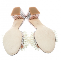 Pre Owned Tory Burch Black/Gold Embroidered Fabric Tatiana Pearl Sandals Size 39