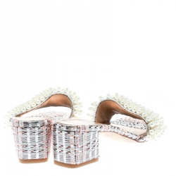 Pre Owned Tory Burch Black/Gold Embroidered Fabric Tatiana Pearl Sandals Size 39