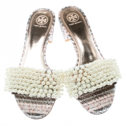 Pre Owned Tory Burch Black/Gold Embroidered Fabric Tatiana Pearl Sandals Size 39