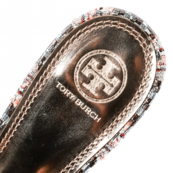 Pre Owned Tory Burch Black/Gold Embroidered Fabric Tatiana Pearl Sandals Size 39