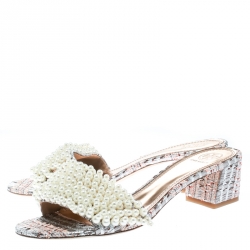 Pre Owned Tory Burch Black/Gold Embroidered Fabric Tatiana Pearl Sandals Size 39