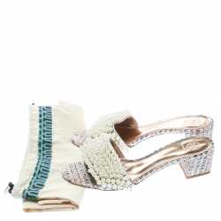 Pre Owned Tory Burch Black/Gold Embroidered Fabric Tatiana Pearl Sandals Size 39