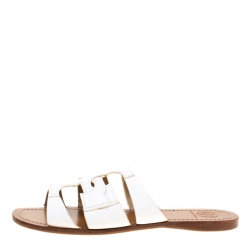 Pre Owned Tory Burch White Leather Anchor Flat Slides Size 38.5