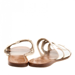 Pre Owned Tory Burch White Leather Anchor Flat Slides Size 38.5