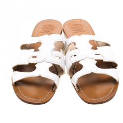 Pre Owned Tory Burch White Leather Anchor Flat Slides Size 38.5