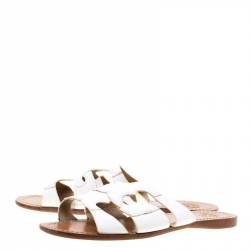Pre Owned Tory Burch White Leather Anchor Flat Slides Size 38.5
