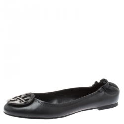 Pre Owned Tory Burch Grey Leather Minnie Scrunch Ballet Flats Size 38.5
