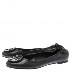 Pre Owned Tory Burch Grey Leather Minnie Scrunch Ballet Flats Size 38.5