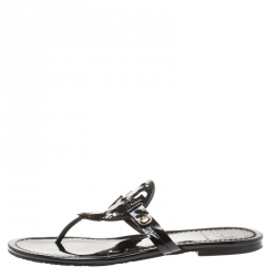 Pre Owned صندل بإصبع توري برش فلات ميلر جلد أسود مقاس 38.5