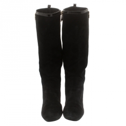 Pre Owned بوت توري برش سويدي أسود وجلد لامع للركبة مقاس 38