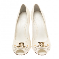 Pre Owned Tory Burch White Leather Logo Detail Peep Toe Wedge Pumps Size 38.5