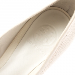 Pre Owned Tory Burch White Leather Logo Detail Peep Toe Wedge Pumps Size 38.5