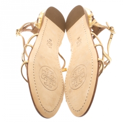Tory Burch Gold Cage Patent Leather Amalie Flat Sandals Size 39