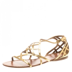 Tory Burch Gold Cage Patent Leather Amalie Flat Sandals Size 39