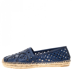 Pre Owned Tory Burch Blue Laser Cut Leather Logo Thatched Espadrille Flats Size 37