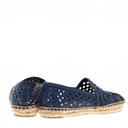 Pre Owned Tory Burch Blue Laser Cut Leather Logo Thatched Espadrille Flats Size 37