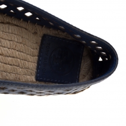 Pre Owned Tory Burch Blue Laser Cut Leather Logo Thatched Espadrille Flats Size 37