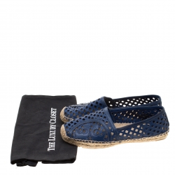 Pre Owned Tory Burch Blue Laser Cut Leather Logo Thatched Espadrille Flats Size 37