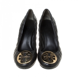 Tory Burch Black Quilted Leather Wedge Pumps Size 39