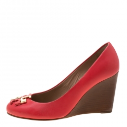 Pre Owned Tory Burch Coral Leather Lowell Wedge Pumps Size 38