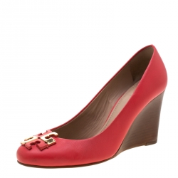 Pre Owned Tory Burch Coral Leather Lowell Wedge Pumps Size 38