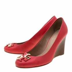 Pre Owned Tory Burch Coral Leather Lowell Wedge Pumps Size 38