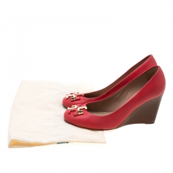 Pre Owned Tory Burch Coral Leather Lowell Wedge Pumps Size 38
